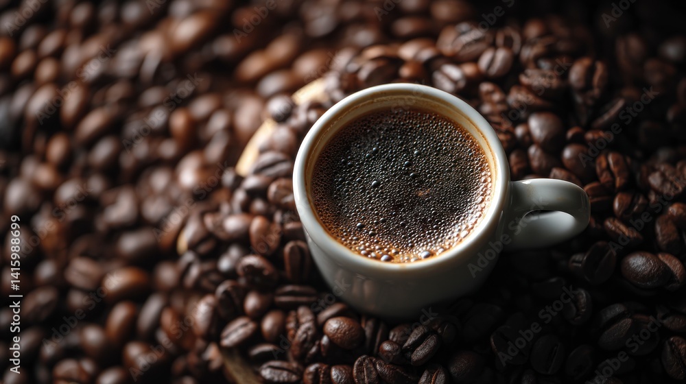 Fototapeta premium Fresh Brewed Coffee Cup on Roasted Coffee Beans Close Up Shot