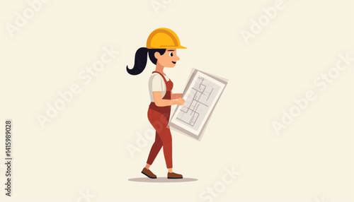 Female engineer walking with a blueprint in a vector illustration  