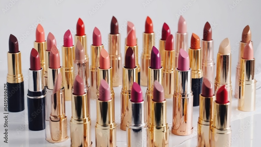 Obraz premium Pile of makeup lipsticks in shades of red, pink and purple.