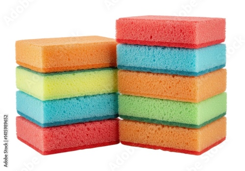 Colorful sponges for cleaning supplies and home organization isolated on white background