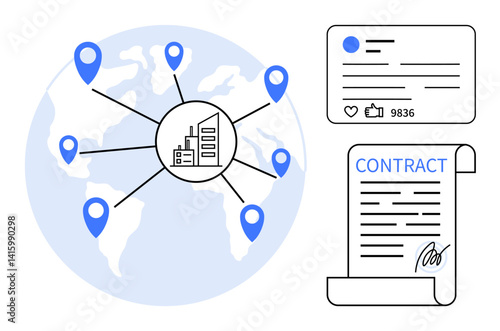 World map with business hubs marked, social post engagement details, and signed contract scroll. Ideal for global trade, communication, partnership, digital marketing, legal agreement, commerce