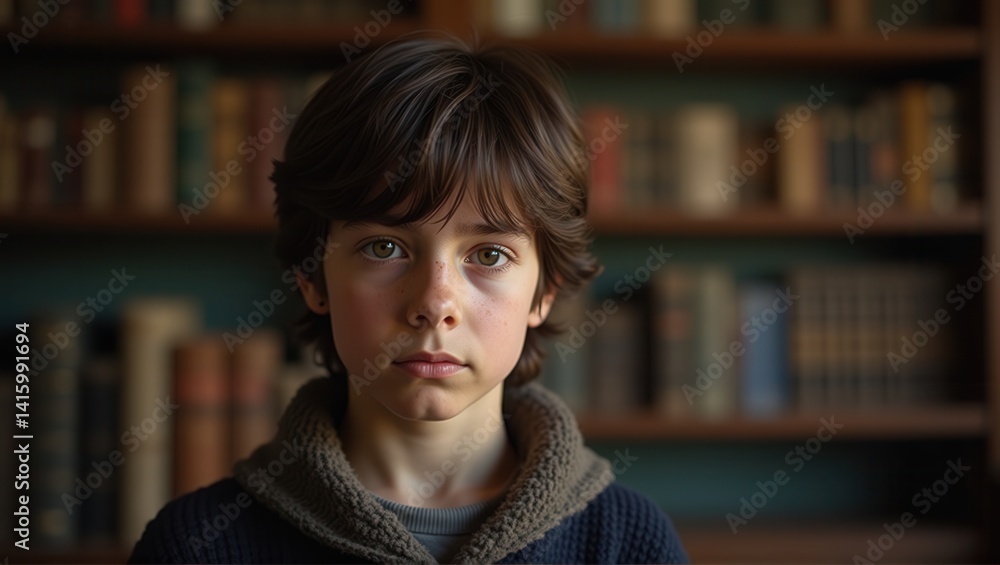 A portrait of a young boy in a library setting, wearing a gray sweater, with bookshelves in the background. The child has dark curly hair and a serious expression. Generative, AI, A portrait of a young boy in a library setting, wearing a gray sweater, with bookshelves in the background. The child has dark curly hair and a serious expression. Generative, AI,