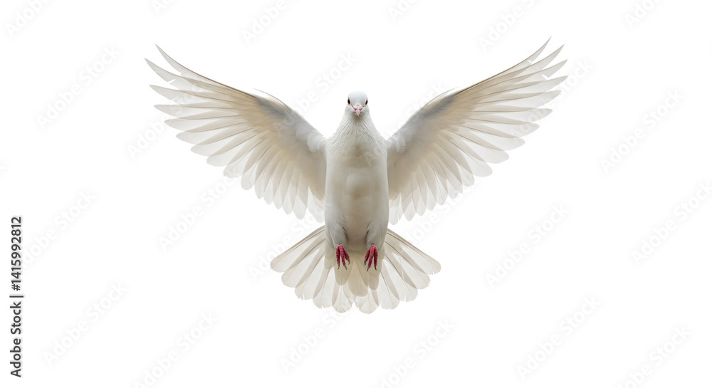 White dove in flight, wings spread wide. White dove in flight, wings spread wide.