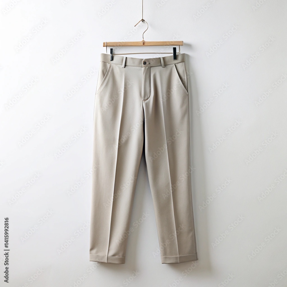 Fototapeta premium Casual beige trousers hanging neatly on a wooden hanger against a clean white background, representing a classic and timeless fashion piece