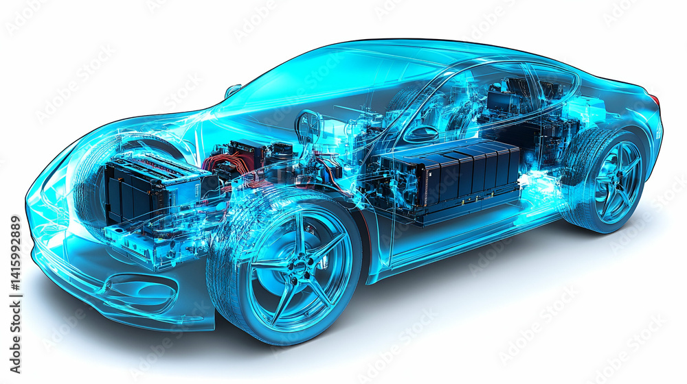 Electric car cutaway, battery, engine, white background, technology Electric car cutaway, battery, engine, white background, technology