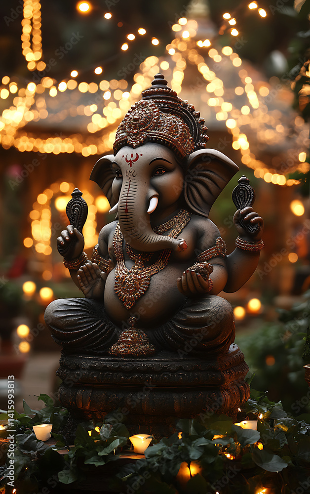 Fototapeta premium Serene Ganesha Statue: Night Lights and Intricate Detail