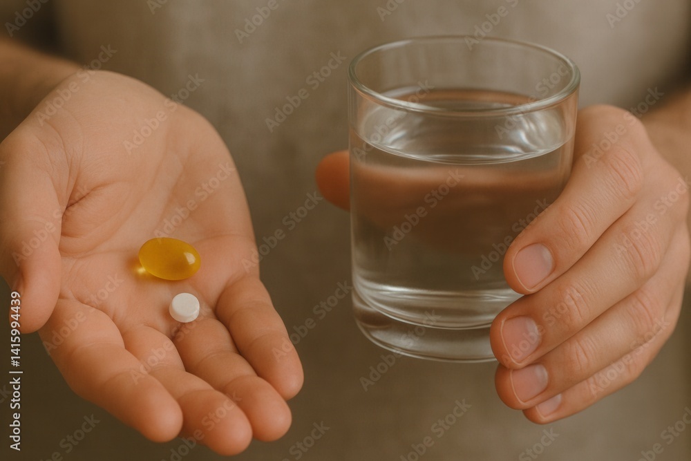 Patient holding pills and glass of water getting ready to take medicine Patient holding pills and glass of water getting ready to take medicine