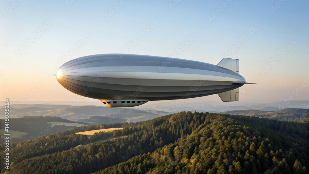 Obraz premium Eco-Friendly Products concept. Airship flying over a mountainous landscape at sunset.