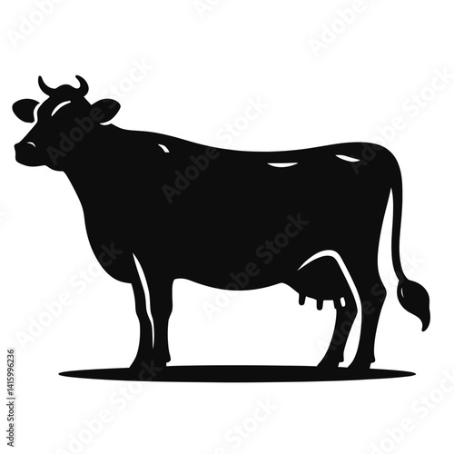 Full Body Silhouette of a Black Cow, Simple Vector Design, Isolated on White Background