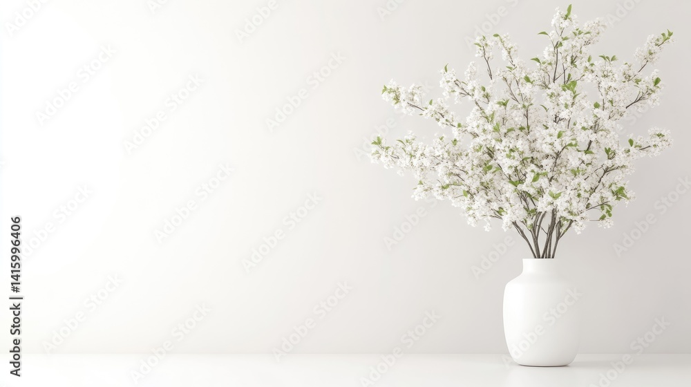 Minimalist Spring Arrangement. A simple white vase holding a blossoming cherry tree, against a clean white background and surface Minimalist Spring Arrangement. A simple white vase holding a blossoming cherry tree, against a clean white background and surface