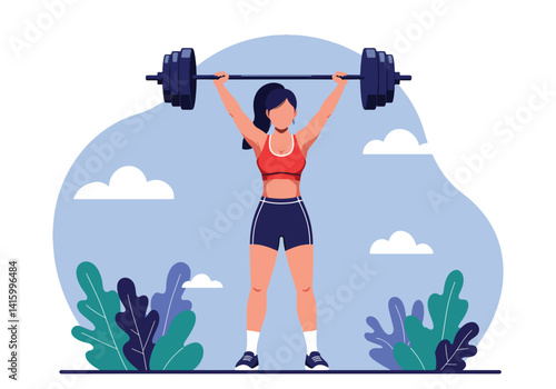 Illustration of a woman performing an overhead press with a barbell outside. Fitness and strength training in nature