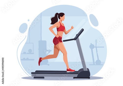 Illustration of a woman exercising on a treadmill in a fitness center. Cardio training and indoor workout routine