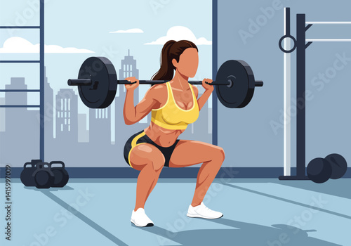 Illustration of a woman lifting weights with a barbell in a gym or home setting. Exercise and strength training indoors