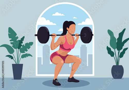 Illustration of a woman lifting weights with a barbell in a gym or home setting. Exercise and strength training indoors