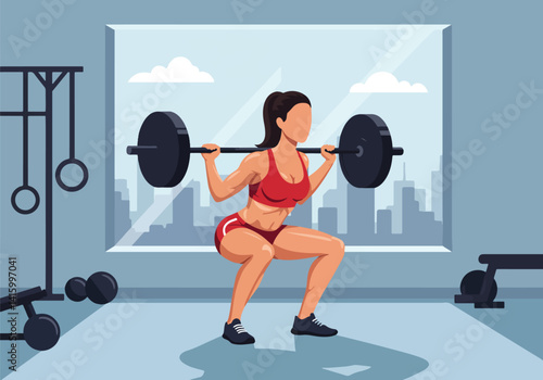 Illustration of a woman lifting weights with a barbell in a gym or home setting. Exercise and strength training indoors