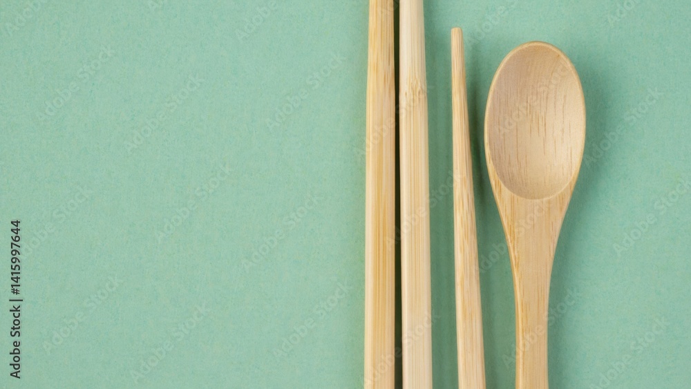 A wooden spoon and chopsticks are displayed on a green background. The chopsticks are placed on the left side of the spoon, and the spoon is placed on the right side of the chopsticks A wooden spoon and chopsticks are displayed on a green background. The chopsticks are placed on the left side of the spoon, and the spoon is placed on the right side of the chopsticks
