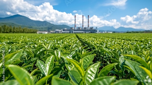 Vibrant green tea field under bright sky, modern factory on the horizon with clean smoke stacks, wide lens composition emphasizing contrast between nature and industry