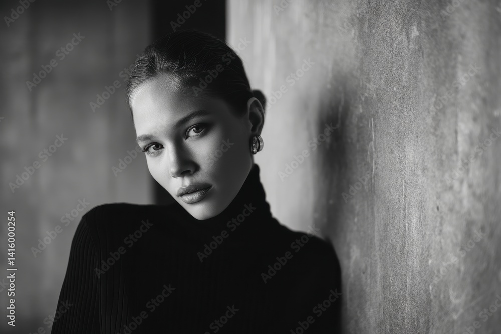 Fototapeta premium A monochrome portrait of a person with slicked back hair, wearing a turtleneck sweater and earrings, leaning against a textured wall with a contemplative expression