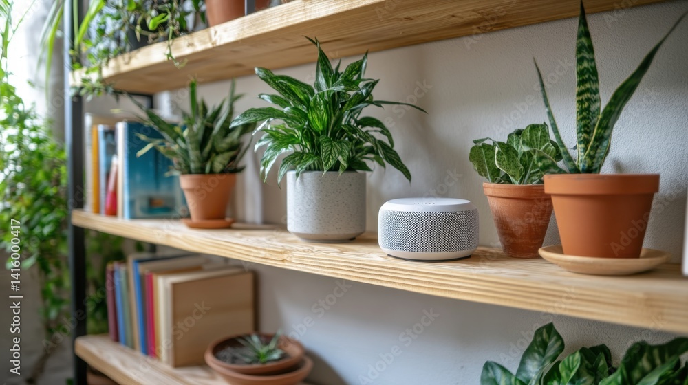 Modern apartment interior with voice assistant and smart air purifier placed on a wooden shelf Modern apartment interior with voice assistant and smart air purifier placed on a wooden shelf