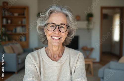 Happy elderly grey haired woman smiles at camera. Mature senior lady with stylish glasses headshot portrait indoors. Home interior background, online video call.