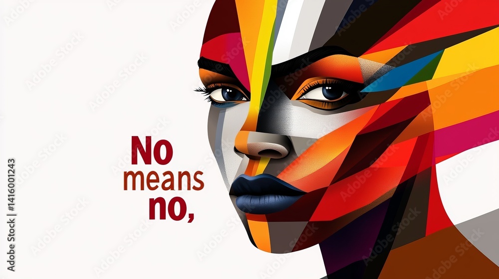 Illustrated woman displays geometric face paint with vibrant colors and dark lipstick against a white background, accompanied by a powerful message.