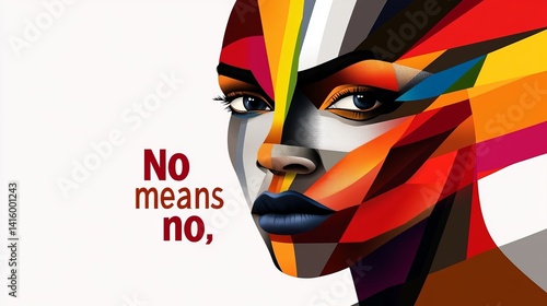 Obraz na płótnie Illustrated woman displays geometric face paint with vibrant colors and dark lipstick against a white background, accompanied by a powerful message. w salonie