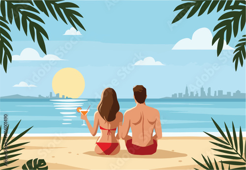 Back view of a man and woman relaxing on the sand with drinks, overlooking the ocean and a distant cityscape. Tropical vacation and leisure