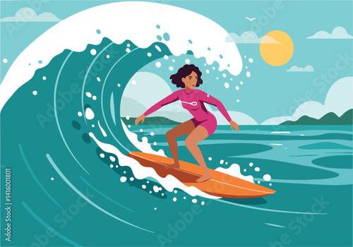 Illustration of a female surfer riding a large ocean wave near a tropical shore. Surfing, beach life, and summer fun