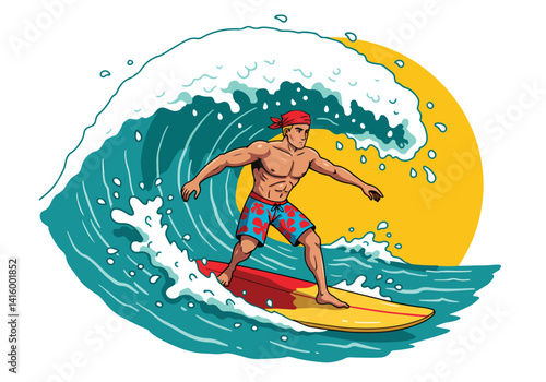 Cartoon illustration of a male surfer riding a dynamic ocean wave. Surfing, water sports, and beach lifestyle