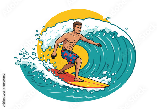 Cartoon illustration of a male surfer riding a dynamic ocean wave. Surfing, water sports, and beach lifestyle