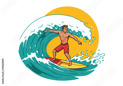 Cartoon illustration of a male surfer riding a dynamic ocean wave. Surfing, water sports, and beach lifestyle
