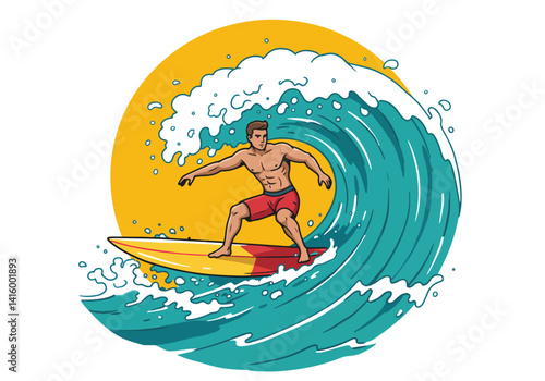 Cartoon illustration of a male surfer riding a dynamic ocean wave. Surfing, water sports, and beach lifestyle