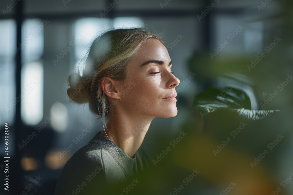 Obraz premium Calm woman with closed eyes, sunlit face, surrounded by blurred greenery, serene atmosphere, wearing a casual top, blonde hair in a bun, peaceful expression, reflective moment