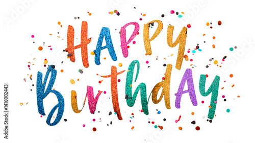 Happy birthday graphic with rainbow text and confetti, set on a vibrant black background --ar 16:9 --v 7.0