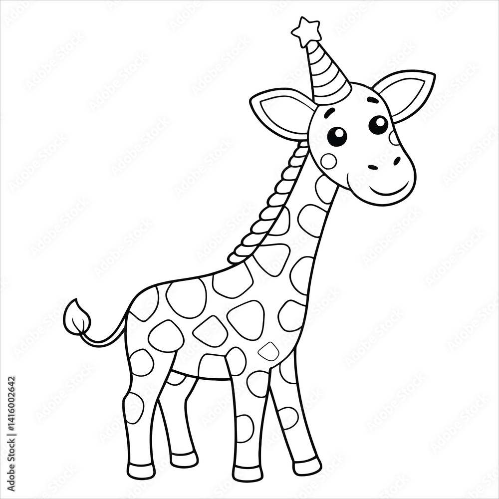 Fototapeta premium Giraffe Wearing a Party Hat Coloring Page for Kids