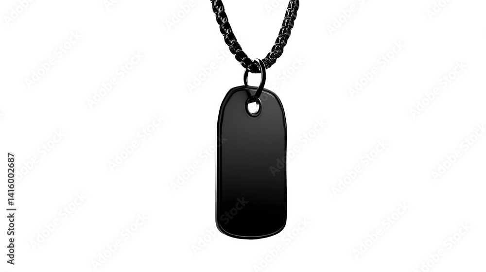 Fototapeta premium Isolated black dog tag pendant hanging from a chain, captured against a solid black studio background --ar 16:9 --v 7.0