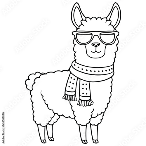 Llama with Sunglasses and Scarf Coloring Page for Kids