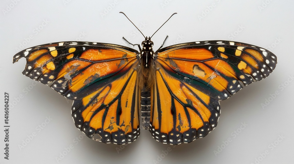 Fototapeta premium Brilliant monarch butterfly with its wings fully spread orange and black patterns crisp white background macro wildlife photography