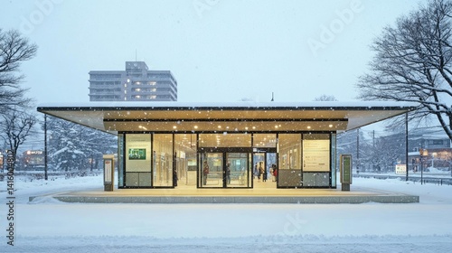 Minimalist architecture of a Sapporo subway entrance with falling snow