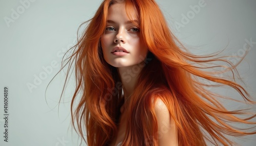 Studio beauty shot young woman with long silky red ginger hair. Model with freckles, vibrant style, healthy skin. Hair product advertisement. Hair care treatment, cosmetic concept.