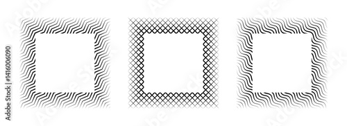 Black wavy and zig zag square frame set. Striped geometric minimalist border collection Thin line picture frame bundle. Vector simple boarder element pack for photo, cadre, poster, card, decor