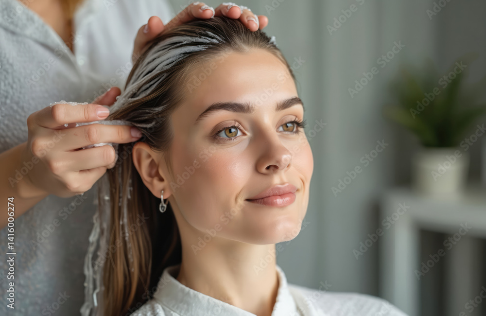 Fototapeta premium Young woman gets hair treatment at beauty salon. Hairdresser applies shampoo to clean wet client hair. Hair care, beauty service in spa wellness center. Coiffure, washing, face closeup.
