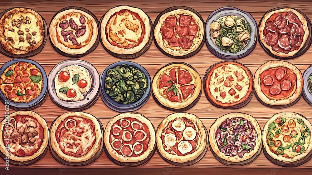 Delicious pizza variety on wooden table Delicious pizza variety on wooden table
