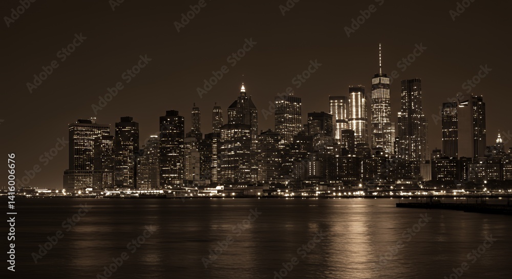 Fototapeta premium Night City Skyline Reflection in Calm Water