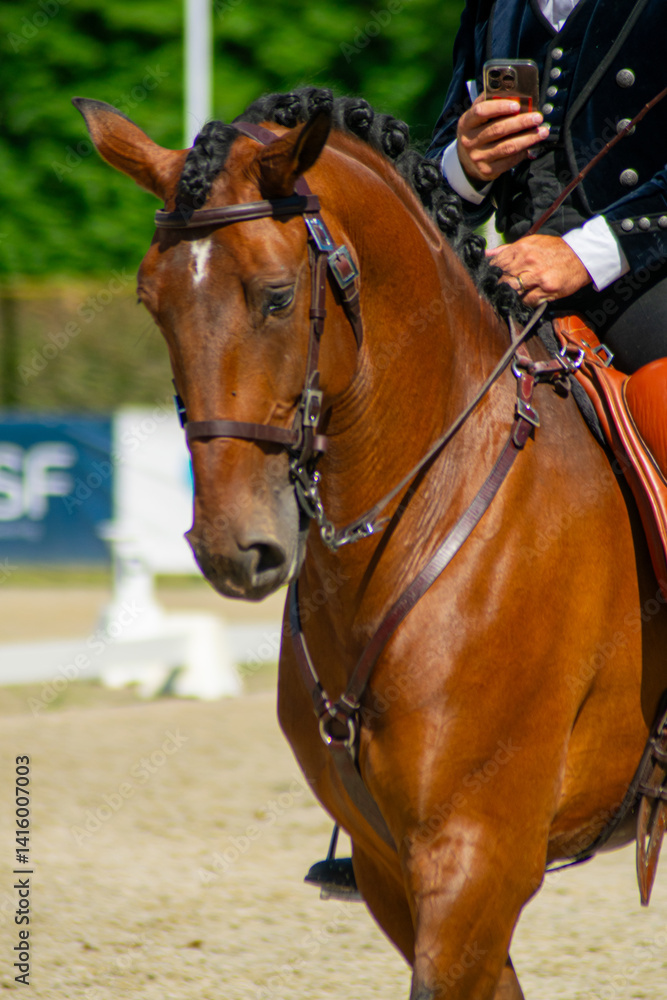 detail of a horse and rider in a riding arena brown horse with rider in black attire detail of a horse and rider in a riding arena brown horse with rider in black attire