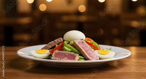 Ensalada campera with tuna, egg and peppers on a restaurant table