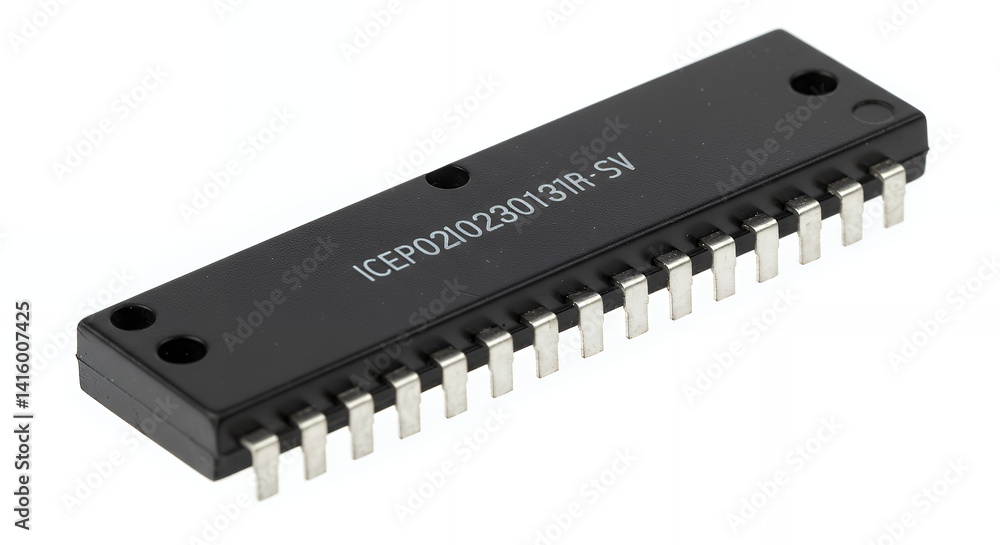 Isometric View of Black Rectangular Integrated Circuit with Metallic Pins on White Background Isometric View of Black Rectangular Integrated Circuit with Metallic Pins on White Background