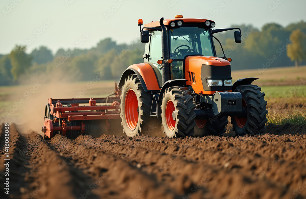 Obraz premium Orange tractor cultivating field soil with rotary tiller. Modern agriculture machine plowing farmland, preparing ground for sowing, planting. Agricultural industry tech.