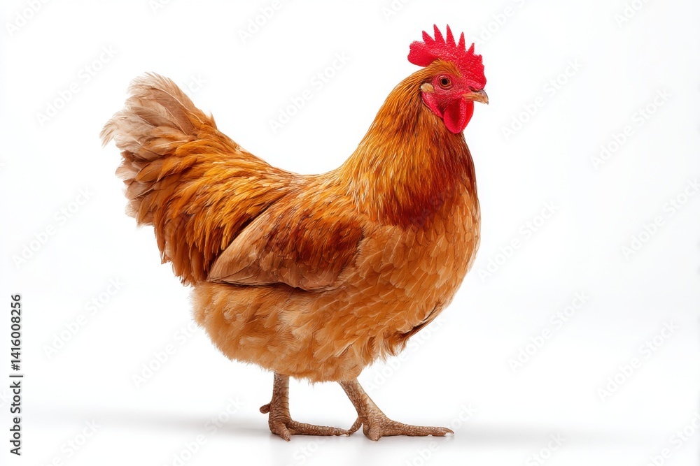 Brown feathered hen standing alone on white background Brown feathered hen standing alone on white background