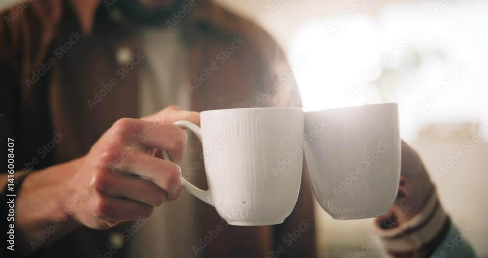 Cheers, coffee and couple with mugs in home in morning for bonding, love and connection together. Relax, commitment and man with woman drinking cappuccino, latte or espresso for toast to marriage.